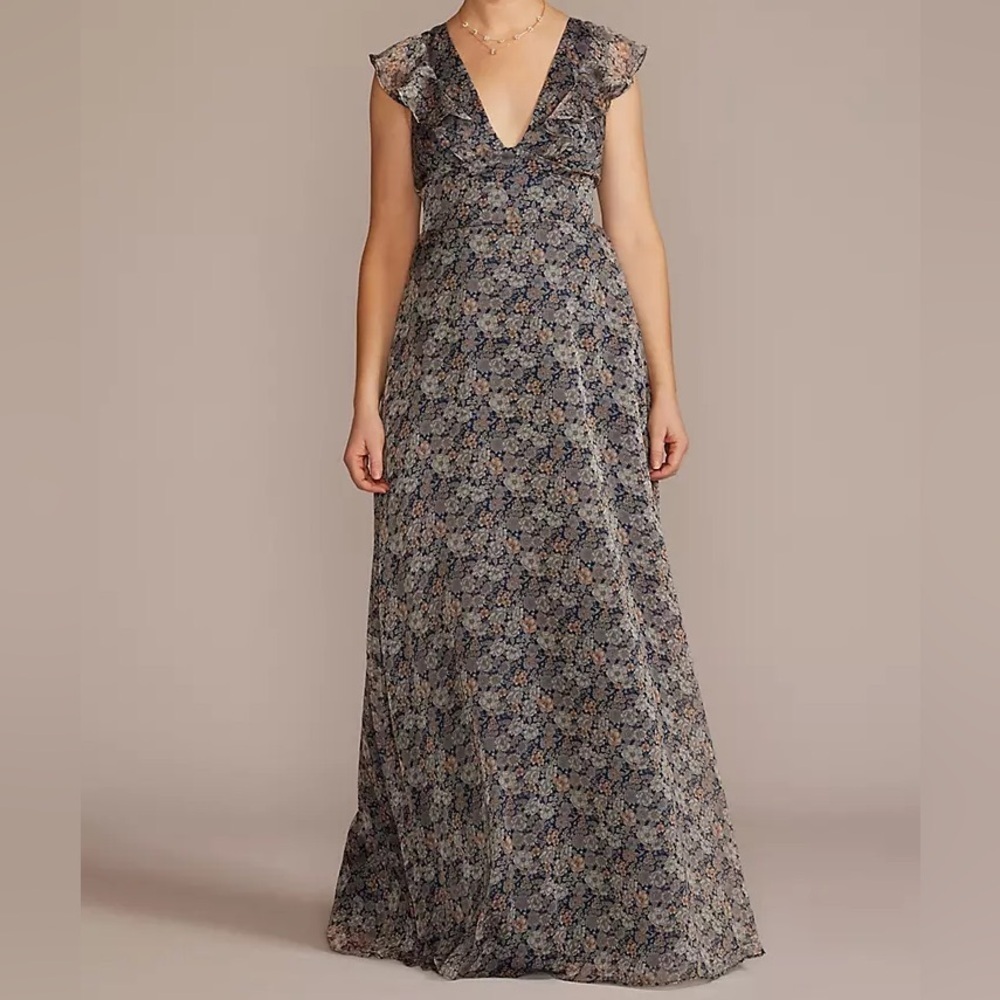 David’s Bride Plunging Printed Chiffon Ruffles Floral V-Neck Maxi Dress Size 18